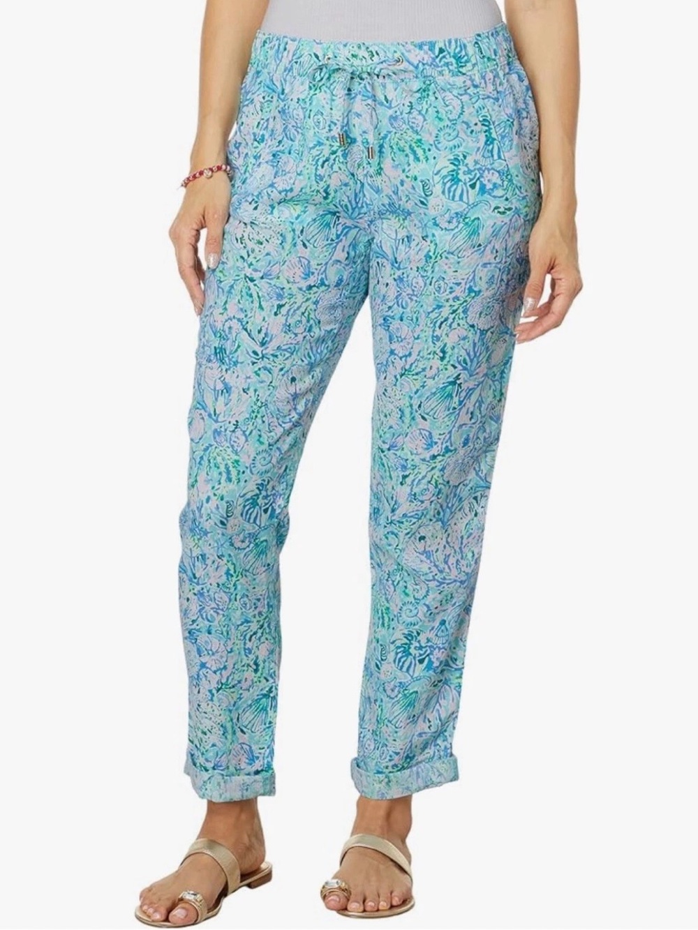 NWT Lilly Pulitzer Taron Pull On Linen Pants Surf Blue Soleil It On Me Large